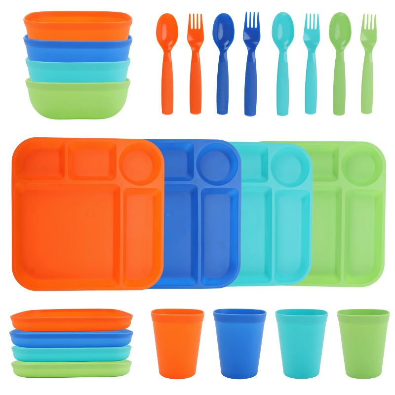 Photo 1 of Your Zone 24-Piece Plastic Kids Dinnerware Set with 4 Trays, Bowls, Plates, Cups, Forks, Spoons in Orange, Blue, Aqua, Green