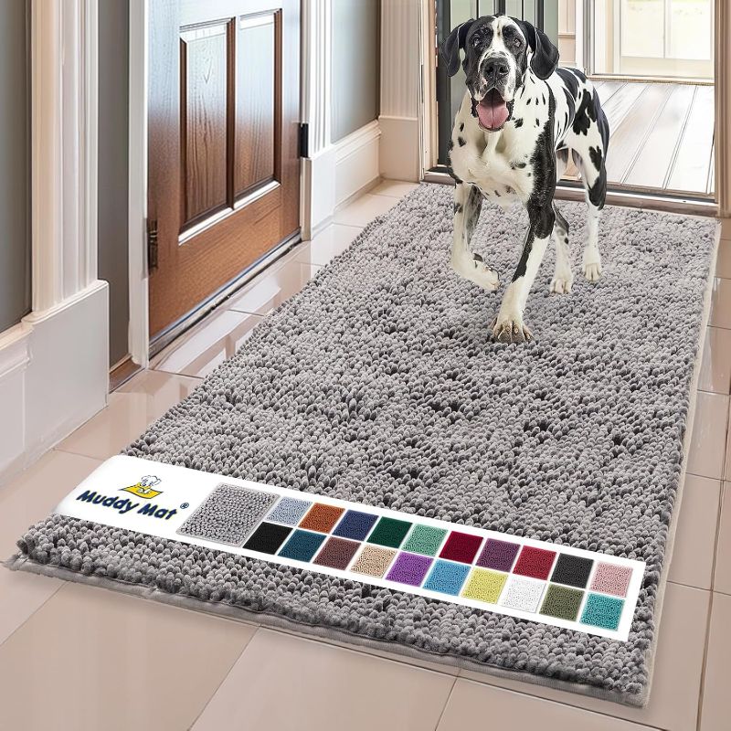 Photo 1 of  Muddy Mat® Shown on TV – Super Absorbent Microfiber Dog Door Mat for Muddy Paws, Non-Slip Washable Pet Rug, Quick Dry Chenille Entryway Carpet, Machine Washable Indoor Outdoor mat, Grey 59"x35" 