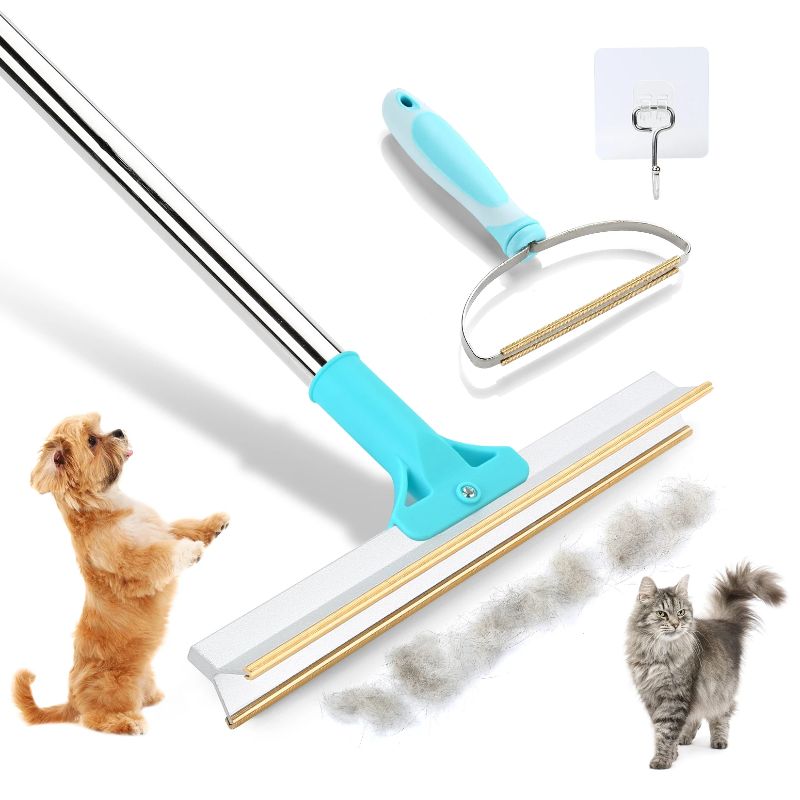 Photo 1 of Pet Hair Remover Set Carpet Rake for Pet Hair Removal Adjustable Long Handle Cat Dog Hair Broom Reusable Fur Lint Remover
