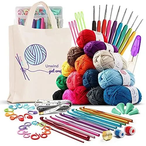Photo 1 of 73 Piece Crochet Kit with Crochet Hooks Yarn Set - Premium Bundle Includes Yarn Balls, Needles, Accessories Kit, Canvas Tote Bag and Lot More - Starter Pack for Kids Adults – Beginner, Professionals.
