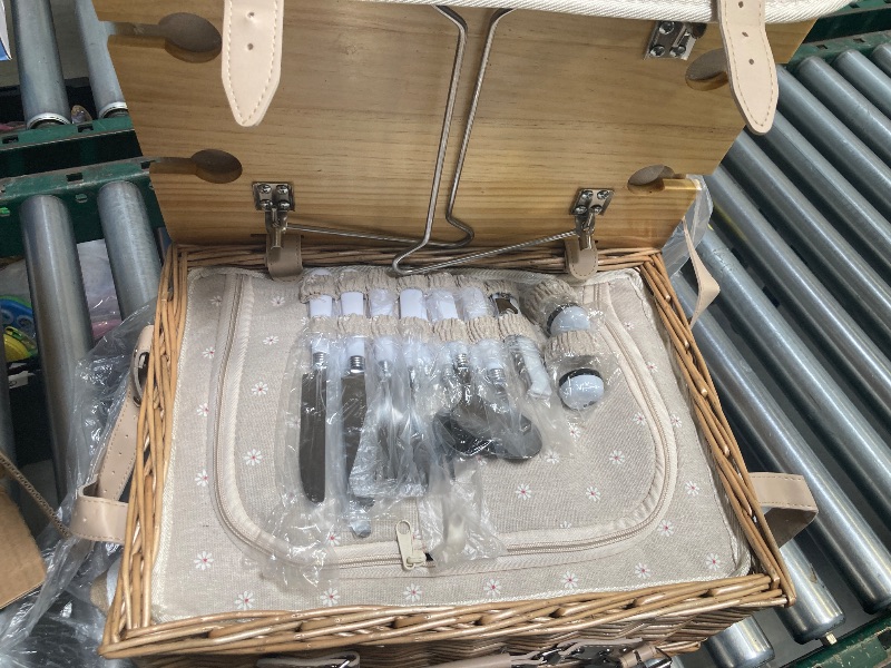 Photo 1 of Multifunctional Wicker Picnic Basket Set for 4 with Blanket and Picnic Table, Insulated Picnic Set with Full Tablewares for Camping Outdoor Couples, Flowers