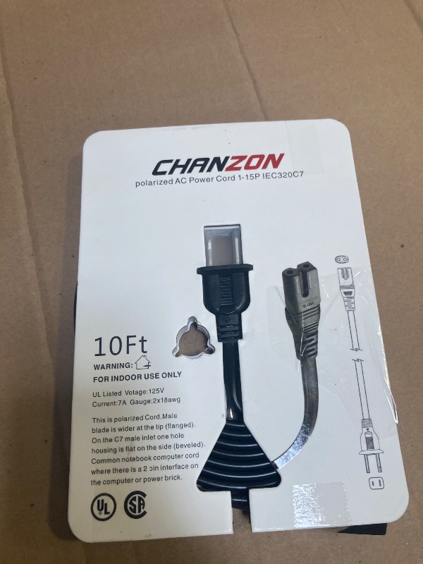 Photo 1 of Chanzon 10ft Vizio Power Cord 7A 125v for Vizio D-E-M-Series HDTV Smart LED Sharp LCD TV Sony PS1 (2 Prong NEMA-1-15P IEC320-C7 Plug) 2Slot Universal Replacement Wall Polarized AC Cable(UL Listed)