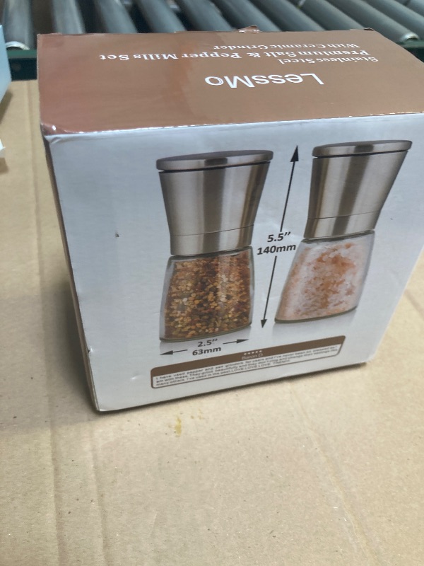 Photo 1 of LessMo Salt and Pepper Grinder Set with Wooden Standing Tray, Refillable Pepper Mill Set - Brushed Stainless Steel - Short Glass Shakers with Adjustable Coarseness for Peppercorn, Salt or Spice Mills