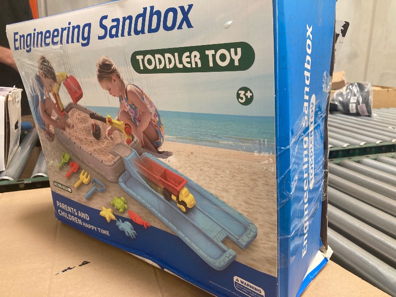 Photo 1 of Dirt Diggers Excavator Sandbox for Kids, Construction-Themed Toddler Sand Box with Lid Indoor Outdoor Sand Activity Sensory Set-Dump Truck, Excavator, Crane 8PCS Beach Toys Summer Gifts for Boy Girl