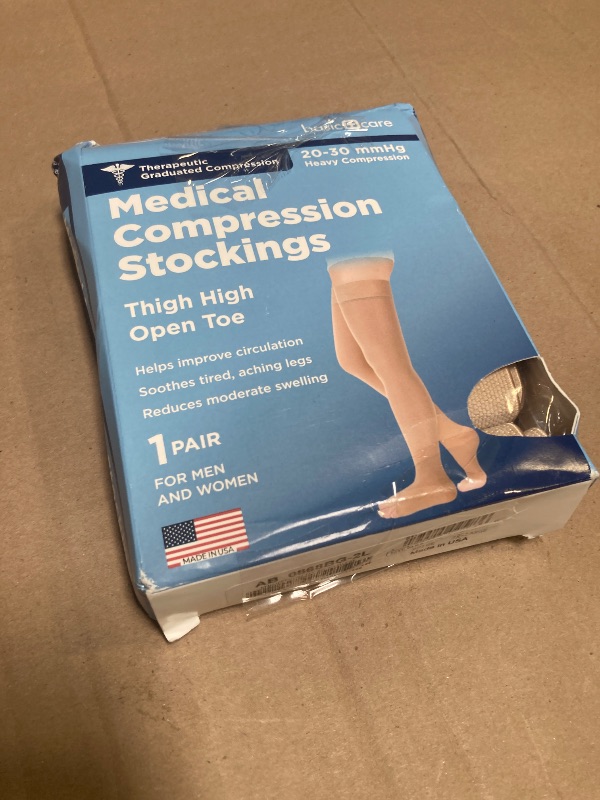 Photo 1 of Amazon Basic Care Medical Compression Stockings, 20-30 mmHg Support, Women & Men Thigh Length Hose, Open Toe, Beige, 2X-Large (Previously NuVein)