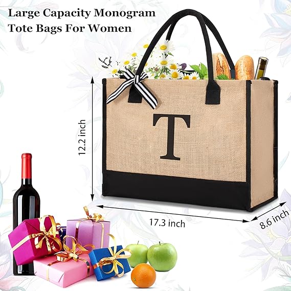 Photo 1 of TOPDesign Initial Jute/Canvas Tote Bag, Personalized Present Bag, Suitable for Wedding, Birthday, Beach, Holiday, is a Great Gift for Women, Mom, Teachers, Friends, Bridesmaids (Letter T)