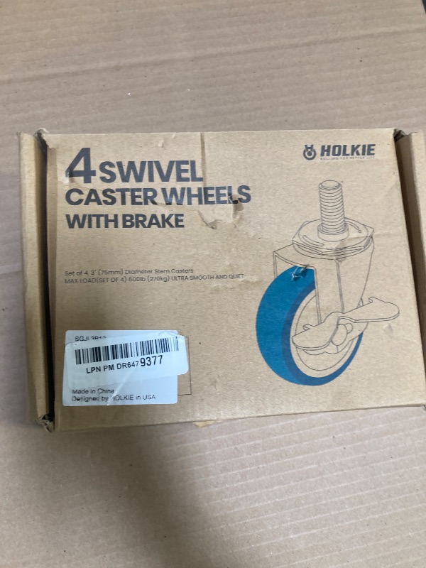 Photo 1 of HOLKIE Caster Wheels 3 inch Locking Casters Set of 4, Threaded Stem 1/2" -13 x 1-1/2" (Diameter 1/2", Length 1-1/2") Swivel Heavy Duty Castors Black