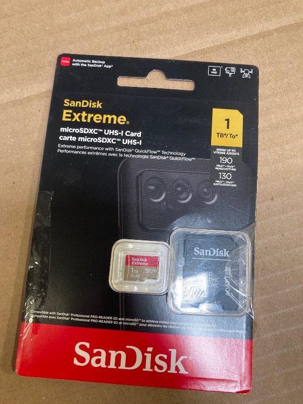 Photo 1 of SanDisk 1TB Extreme microSDXC UHS-I Memory Card with Adapter - Up to 190MB/s, C10, U3, V30, 4K, 5K, A2, Micro SD Card- SDSQXAV-1T00-GN6MA, Gold/Red