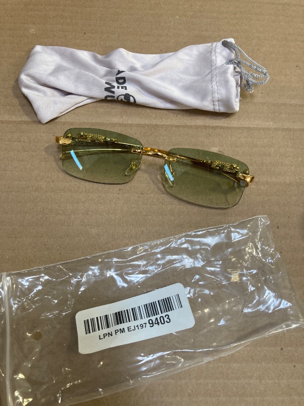 Photo 1 of ADE WU Vintage Rimless Sunglasses Retro Rectangle Gold Metal Frameless Tint Lens 2000s Fashion Glasses (Green)