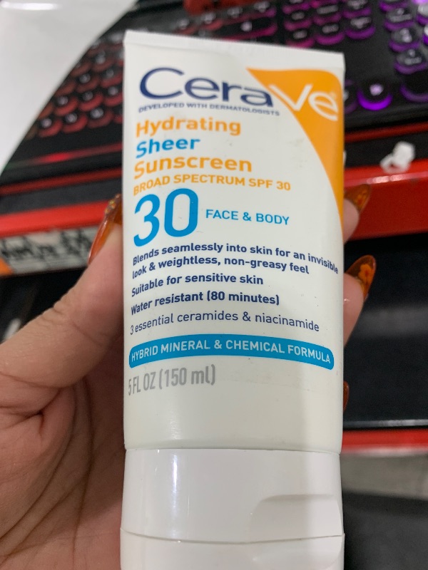 Photo 1 of CeraVe Hydrating Sheer Sunscreen with SPF 30 for Face and Body, Mineral & Chemical Sunscreen for Men & Women with Zinc Oxide, Hyaluronic Acid and Ceramides, Paraben-Free + Fragrance-Free, 5 Ounces