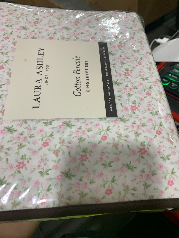 Photo 1 of Laura Ashley - King Sheets, Cotton Percale Bedding Set, Lightweight & Breathable, Ideal Dorm Essentials, Coquette Room Decor (Evie Pink, King)
