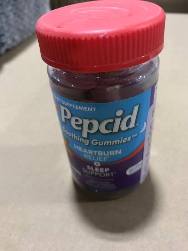 Photo 1 of EXP: 04-2027 - Pepcid Soothing Gummies, Heartburn Relief + Sleep Support Gummies Help Occasional Heartburn, Upset Stomach, Acid Indigestion + Sleeplessness, Calcium & Melatonin, Strawberry, 32 ct