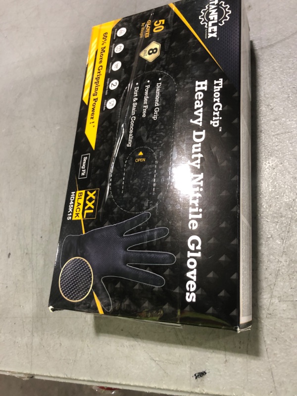 Photo 1 of TitanFlex ThorGrip Heavy Duty Black Industrial Nitrile Gloves, 8-mil, XXL, Box of 50, Latex Free, Raised Diamond Texture, Powder Free, Food Safe, Rubber Gloves, Mechanic Gloves