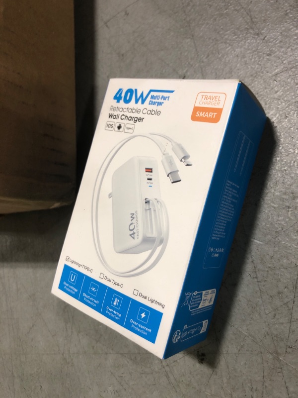 Photo 1 of 4-in-1 Retractable Gan Wall Charger Plug,Travel Essentials Brick Multiport USB Ports,3ft Lightening and Type C Cables,40W Multi Fast Charging Foldable Block for iPhone 16/15/14/13,iPad,Galaxy,Pixel