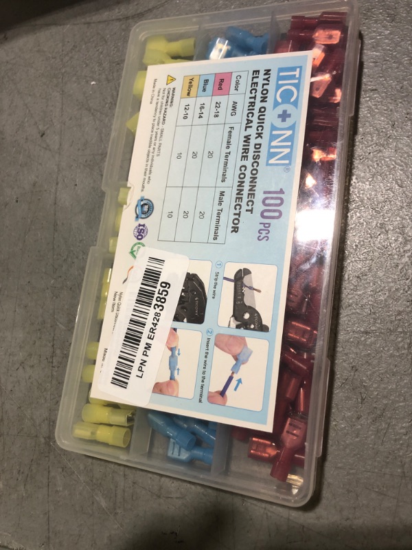 Photo 1 of TICONN 100 Pcs Nylon Spade Quick Disconnect Connectors Kit, Electrical Insulated Terminals, Male and Female Spade Wire Crimp Terminal Assortment Kit