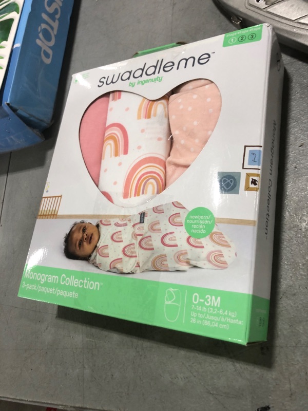 Photo 1 of SwaddleMe by Ingenuity Monogram Collection Baby Swaddle, 100% Cotton, Improves Sleep & Calms Startle Reflex, 0-3 Months, Pocket Fold Design for Easy Changes, 1.0 TOG, 3-Pack - Rainbow