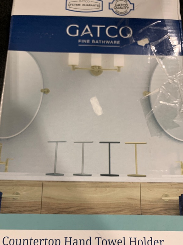 Photo 1 of Gatco 1444SN, Modern Rectangle Base Freestanding Countertop Towel Holder, Satin Nickel / 10.50"W x 11.13"H T-Shape Style Countertop Hand Towel Holder for Bathroom, Kitchen/ Fingertip Towel Rack