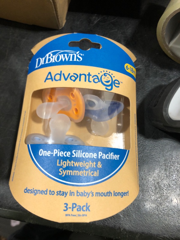 Photo 1 of Dr. Brown's Advantage One-Piece Silicone Baby Pacifier, Fully Symmetrical Soother, Dark Blue/Light Blue/Orange, 6-18m, BPA Free, 3 Pack