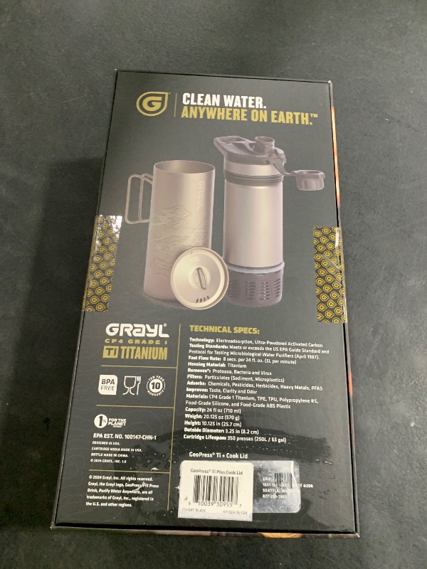 Photo 1 of GRAYL GeoPress Titanium 24 oz Water Purifier Bottle with Cooking Lid - Filter for Hiking, Camping, Survival, Travel (Covert Black)