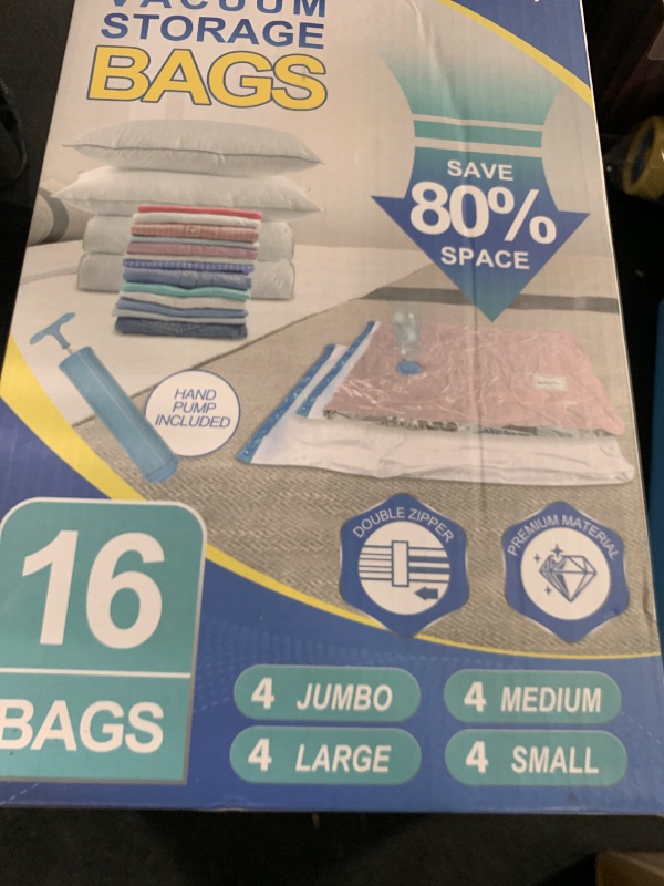 Photo 1 of Fygrip 16 Pack Vacuum Storage Bags with Hand Pump, 4 Jumbo + 4 Large + 4 Medium + 4 Small Plastic Packaging Bags, 80% Space Saver Vacuum Seal Bags for Clothing, Travel Lugggage, Blankets, Comforters