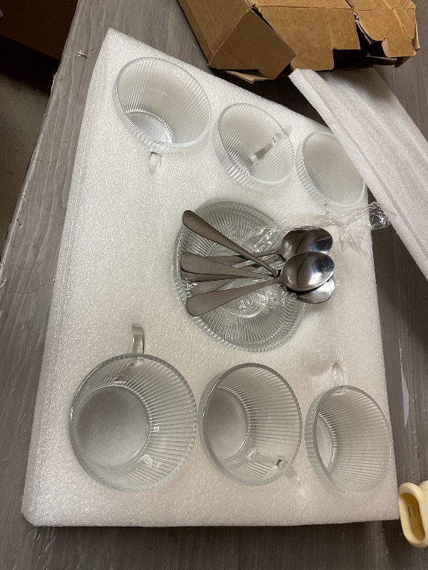 Photo 1 of GURUDAR Glass Espresso Shot Cups with Saucers Set of 6, Clear Small Demitasse Cup with Stainless Steel Spoons, Dishwasher Safe Coffee Mugs for Tea Hot Chocolate Cappuccino, 5OZ/150ML, Stripe