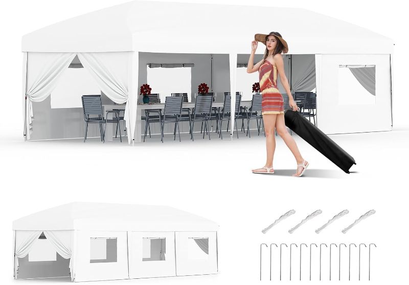 Photo 1 of 10x30 Pop Up Canopy with 8 Sidewalls - Heavy Duty Outdoor Canopy Tent with Portable Roller Bag - 3 Adjustable Height, 8 Weight Bags, 8 Stakes & 6 Guy Ropes Included, White

