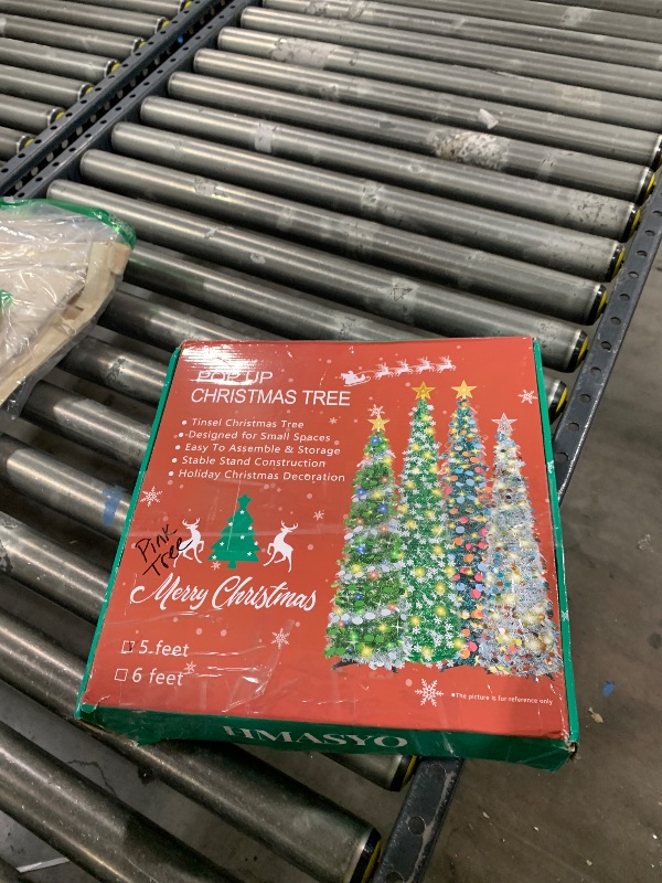 Photo 1 of 4FT Pop up Christmas Tree for Indoor Decoration Pre-lit Mini Christmas Tree with 60 Lights, Green Artificial Pencil Tree Collapsible Tinsel Pop up Tree with Red Ribbon Bow & Christmas Ball