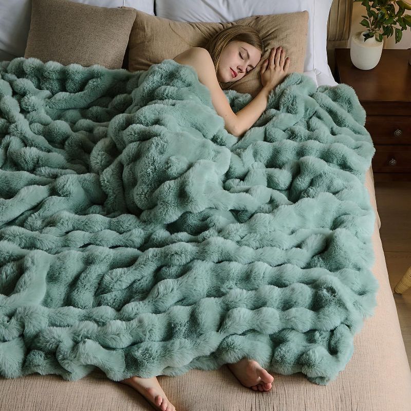 Photo 1 of Lotus Karen Faux Fur Throw Blanket Sage Green Big Bubble Rabbit Fluff 108x90 Inches
