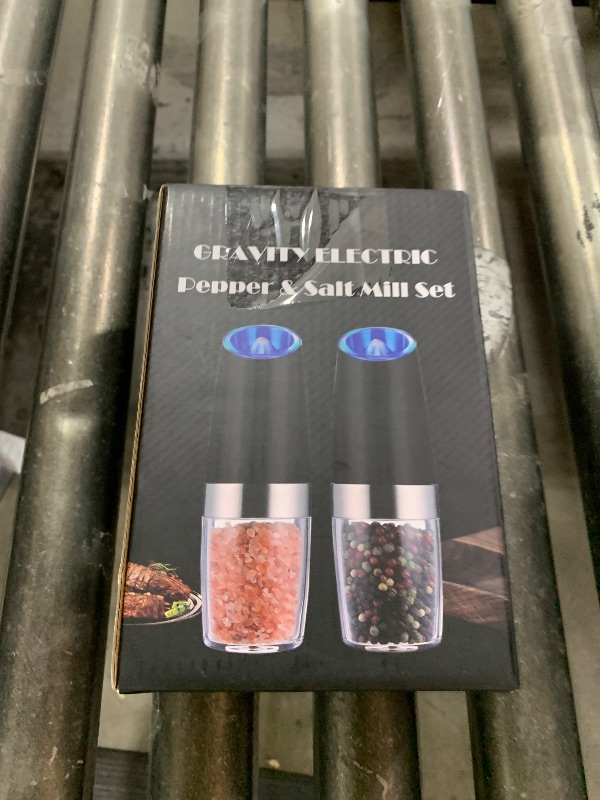 Photo 1 of Gravity Electric Pepper and Salt Grinder Set, Adjustable Coarseness, Battery Powered with LED Light, One Hand Automatic Operation, Black-2 Pack