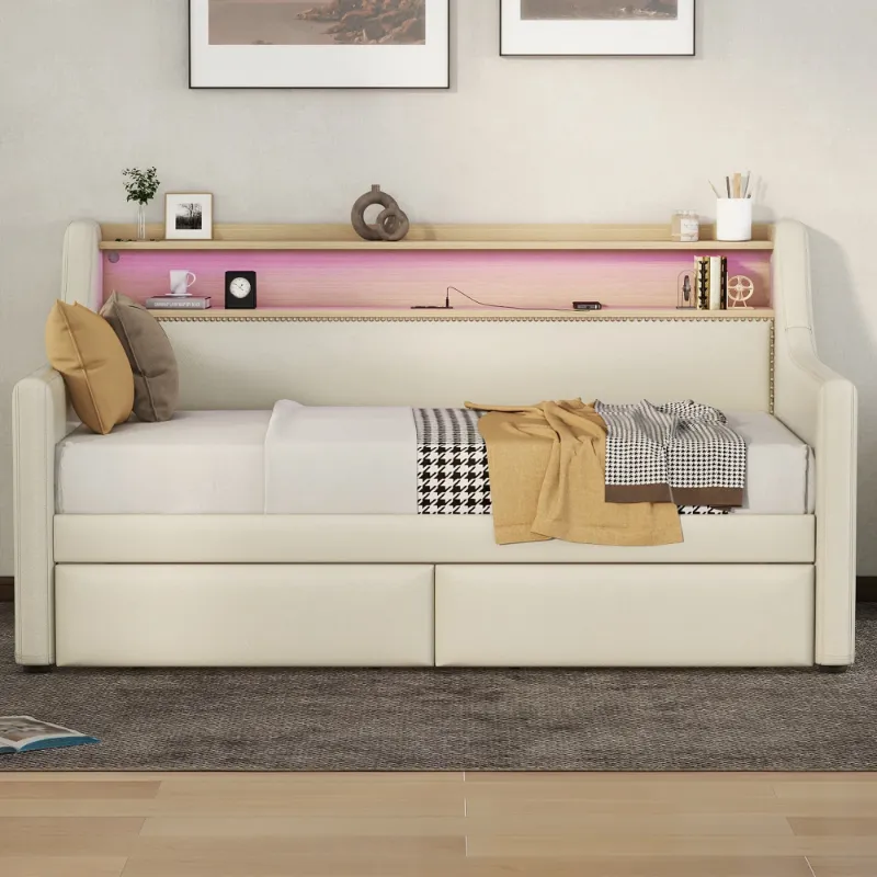 Photo 1 of HMYG Twin Size Daybed with Storage Drawers, Upholstered Daybed with Charging Station and LED Lights, Gray