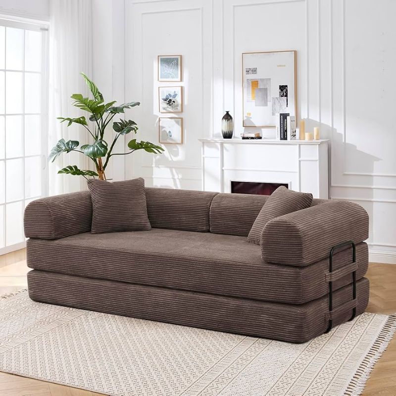 Photo 1 of Convertible Sleeper Sofa Bed with Cylindrical Pillow - Corduroy Folding Mattress Couch with Fixed-Shape Frame for Living Room, Bedroom, Lounge, Studio - BROWN W3199P309395
