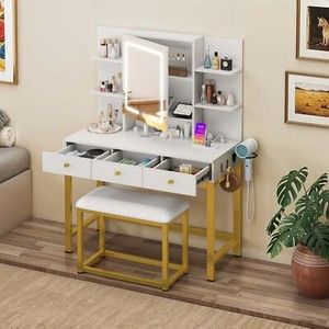 Photo 1 of FTBFVT-7004 YITAHOME Makeup Vanity Desk Set with Mirror and Lights & Charging Station & Makeup Stool, 3 Drawers Vanity Table with 3 Hidden Storage Shelves for Bedroom (White & Gold) 39.5" W, Upgraded
