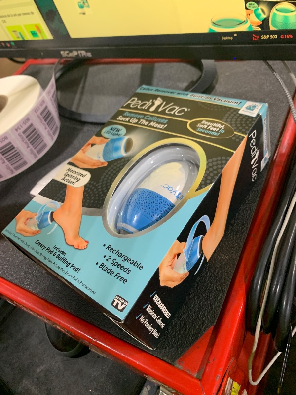 Photo 1 of PediVac As Seen On TV Electric Callus Remover + Built-In Vacuum Sucks Up Shavings,Gently Removes Calluses & Dry Skin in Seconds, Mess-Free, Spins at 2000 RPMs, LED Light, 2 Speed Settings, 3.5"x 2.5"