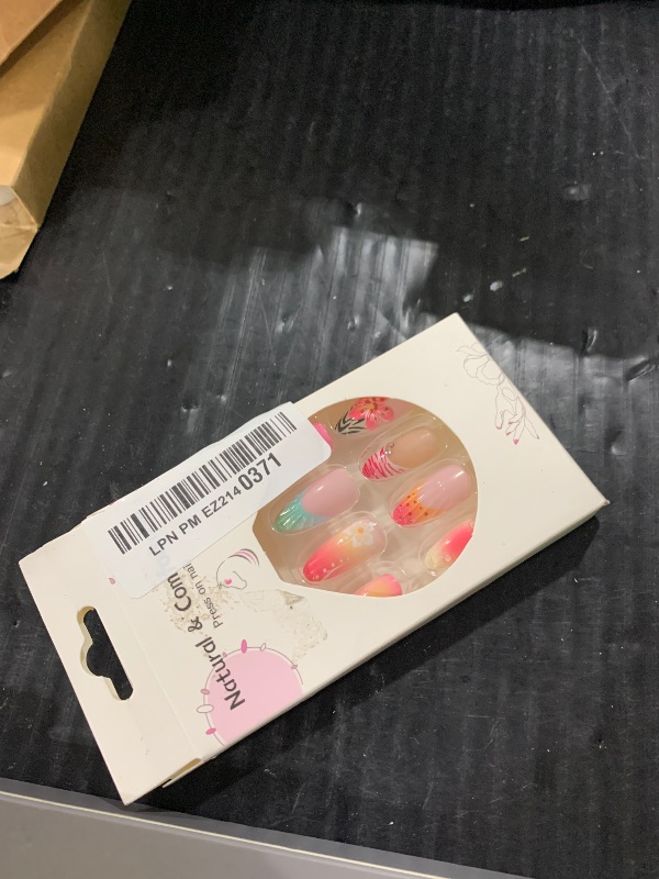 Photo 1 of 24pcs Handmade Press on Nails Summer Pink Flower Fake Nails French Tip Rhinestones Design Hawaii False Nails beach Short Stick on Nails Full Cover Artificial Glue on Nails for Women Summer Kit