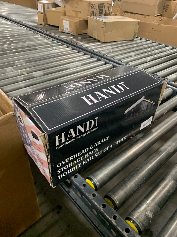 Photo 1 of HANDT Overhead Garage Storage Rack, Connectable Heavy Duty Metal Ceiling Rails For Garage Storage Organization Shelving System, Hanging Racks For Tote Containers, Supports Up To 6 Bins, 4 Sets White