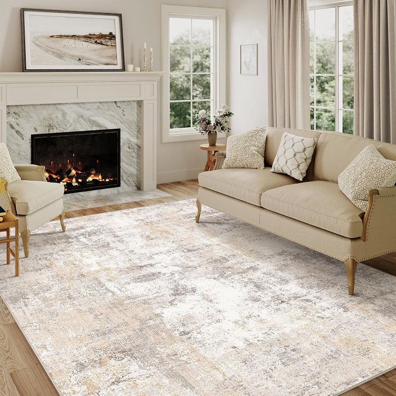Photo 1 of 5x7 Washable Area Rug Beige Grey Neutral Abstract Living Room Bedroom Throw Rug Non Slip Soft Low Pile Indoor Floor Carpet for Dining Room Kitchen Office Entryway Home