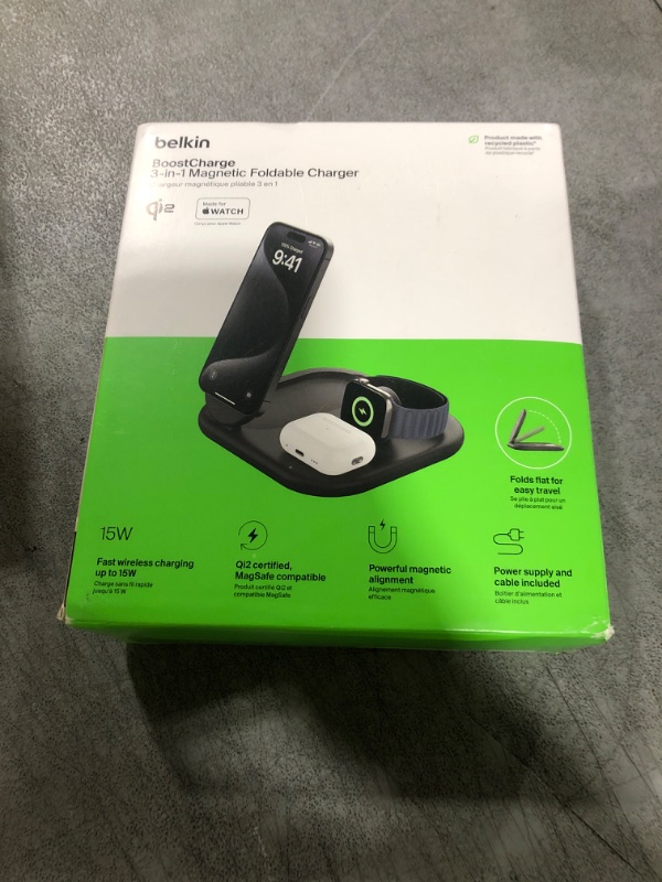 Photo 1 of Belkin 3-in-1 MagSafe-Compatible iPhone Charger 15W, Foldable Magnetic Qi2-Certified Wireless Charging Station for iPhone 16, Apple Watch Series 10, AirPods 4, and More, w/Non-Slip Base & PSU - Black