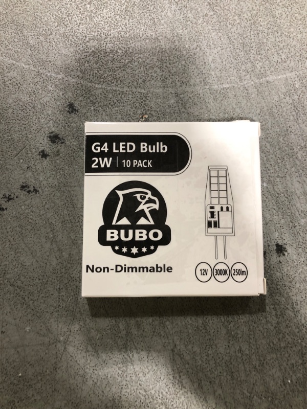 Photo 1 of BUBO 10 Pack G4 LED Bulb 2W Equivalent 30W 3000K Warm White 250 Lumens 360°Beam Angle, T3 Halogen Bulb Replacement Landscape Bulbs, AC/DC 12V Led Lights G4 Bi-Pin Base for Outdoor Landscape Lighting