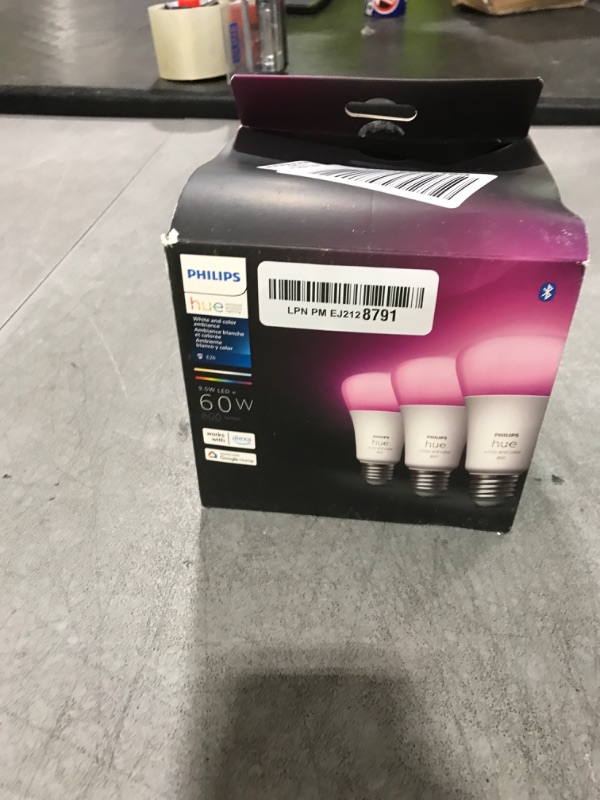 Photo 1 of Philips Hue A19 LED Smart Light Bulb - White and Color Ambiance - 60W Indoor Light Bulb - Control with Hue App - Works with Alexa, Google Assistant and Apple Homekit - 3 Pack