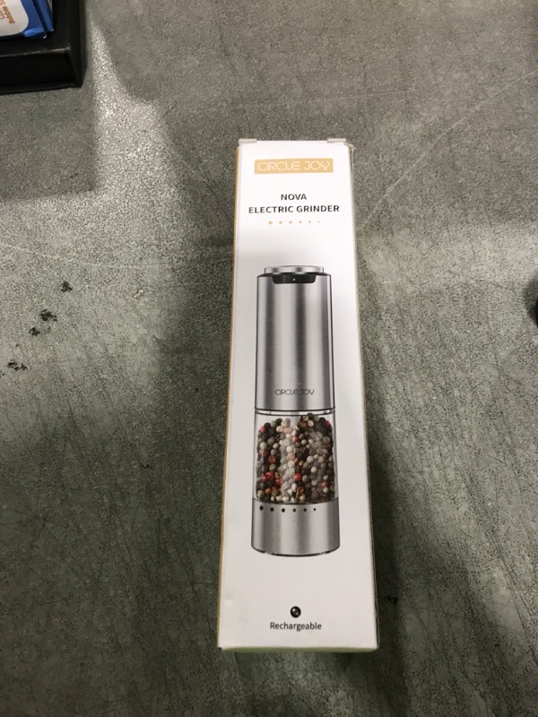 Photo 1 of CIRCLE JOY Electric Pepper Grinder Stainless Steel Rechargeable Pepper Mill with External Adjustable Coarseness, 95ml Container and White LED Light, Silver