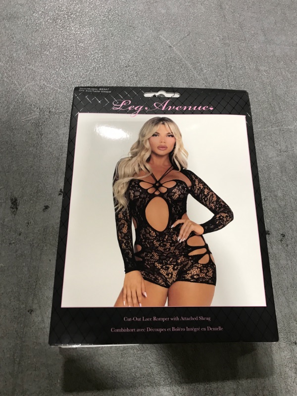 Photo 1 of Leg Avenue Women’s Black Lingerie Set for Women with Cut-Out Lace Lingerie Romper and Attached Shrug, Black, One Size