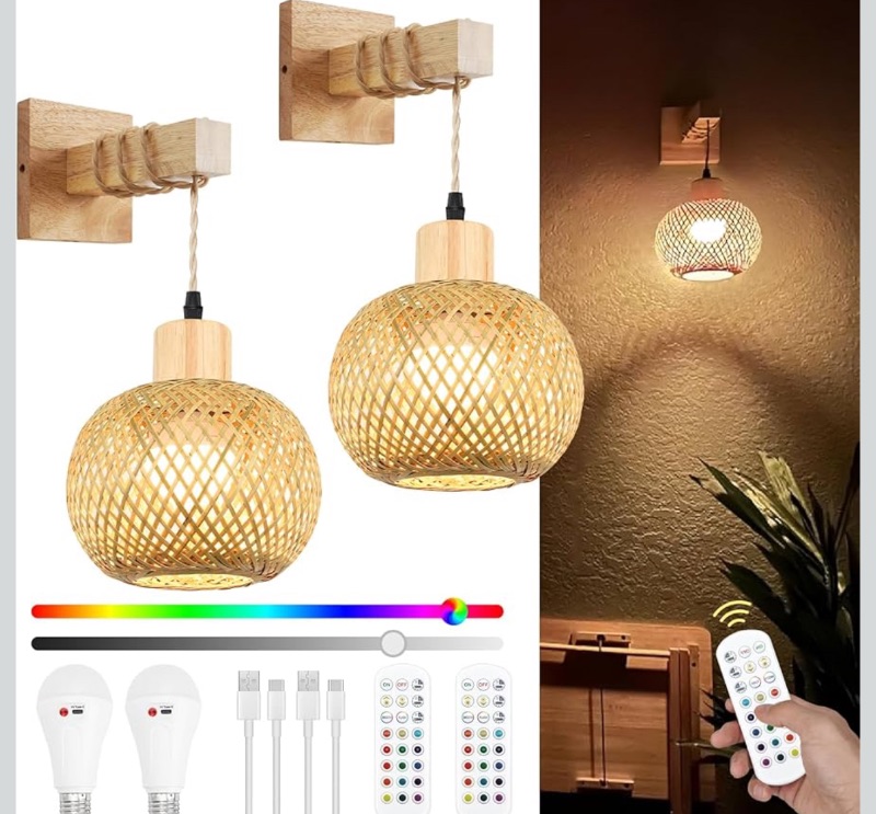 Photo 1 of Frideko Bamboo Rechargeable Wall Sconces Set of Two with Remote, RGB 15 Colors Dimmable Battery Operated Wall Light, Rattan Indoor Wireless Wall Lamp with 3 Timer, Boho Wall Lighting for Bedroom