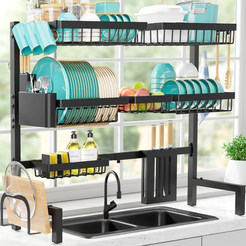 Photo 1 of Over The Sink Dish Drying Rack - Adjustable 3 Tier XX-Large Capacity Stainless Steel Drainer with Cutlery & Utensil Holders, Kitchen Storage & Organization, 31.5"-39.5"L x 12"W x 30.5"H, Black