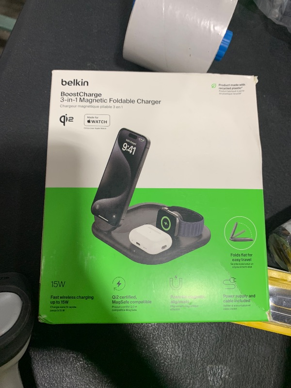 Photo 1 of Belkin 3-in-1 MagSafe-Compatible iPhone Charger 15W, Foldable Magnetic Qi2-Certified Wireless Charging Station for iPhone 16, Apple Watch Series 10, AirPods 4, and More, w/Non-Slip Base & PSU - Black