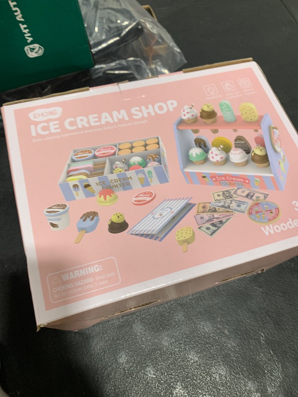 Photo 1 of Ehome Wooden Ice Cream Toys Set Pretend Play Food Store for Kids Serve Ice Cream Counter Shop Kitchen Playset with Lucky Wheel, Scoop, Menu, Fake Money for Boys and Girls Ages 3 4 5 6 Birthday Gift