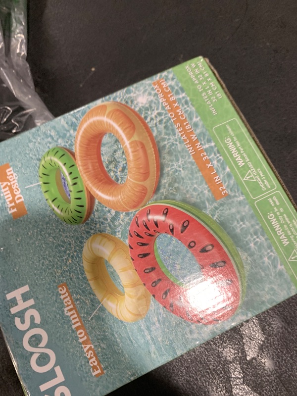 Photo 1 of Sloosh 4 Pack Inflatable Pool Floats Fruit Tube Rings, Fruit Swim Tubes, Pool Floaties Toys, Beach Swimming Party Toys for Kids and Adults (Fruit)