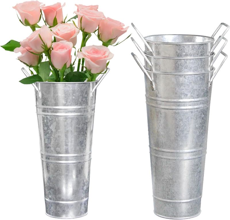 Photo 1 of Galvanized Metal Bucket Vases Set of 4, 9 Inch Farmhouse French Flower Buckets Pots with Handles, Rustic Decorative Metal Holder Flower Vase for Home Wedding Table Centerpiece Decor (Silver)