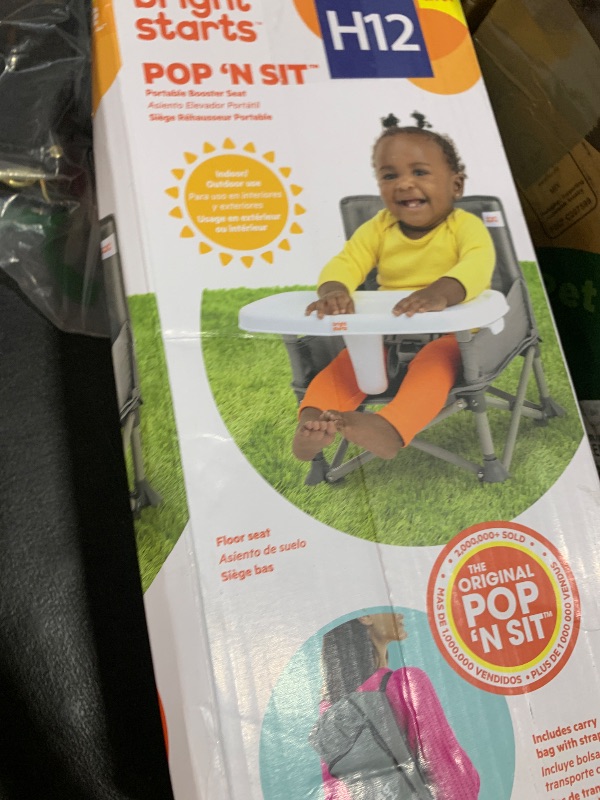 Photo 1 of Bright Starts Pop 'N Sit Portable Booster, Indoor/Outdoor Use, Floor Seat with Feeding Tray, Grey, 6 Mos - 3 Yrs