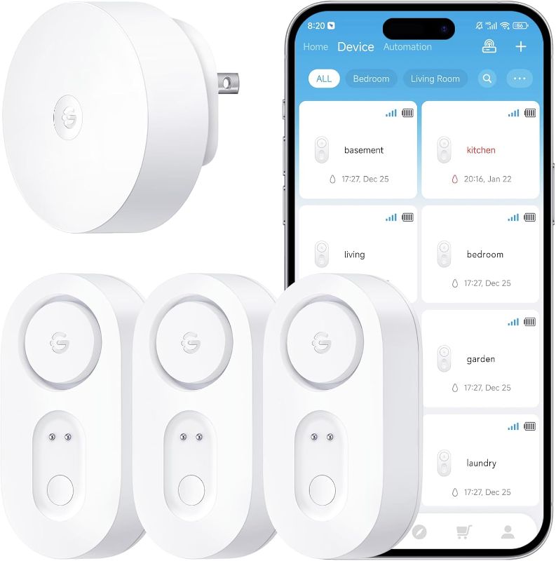 Photo 1 of GoveeLife Upgraded Smart Water Leak Detector 1s with 1804ft Ultra-Long Range, WiFi Water Sensor with SMS/Email/APP Push and Sound Alarm, 5-Year Battery Life, Suit for Home, Basement, Kitchen, 3 Pack