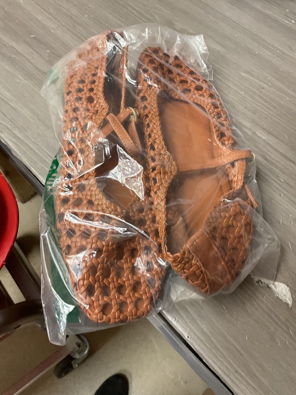 Photo 1 of Molozoey Woven Mesh Ballet Flats for Women with Metal Buckle Strap Ballerina Flat Shoes Comfortable Round Toe Mary Jane Flat Brown. Size 9 